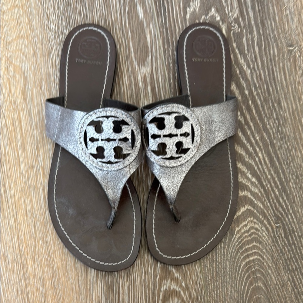 Tory Burch Silver Metallic Logo Thong Sandals